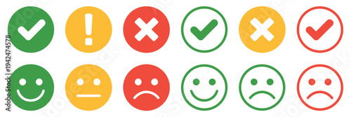 Round Icon Set Showing Green Yellow Red Check Marks Cross Marks Alerts Emoticons Feedback Buttons Flat Emoji Vector Illustration