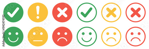 Round Icon Set With Green Yellow Red Check Marks Cross Marks Alerts Emoticons Feedback Buttons Flat Emoji Vector Illustration