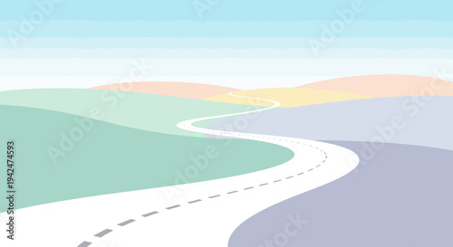 Minimalist winding road landscape with pastel colored hills