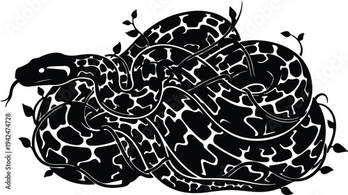 Silhouette of a coiled snake with foliage vector design