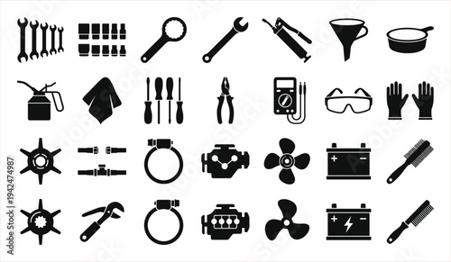Automotive Workshop Tools and Equipment Icons Set for Vehicle Maintenance and Repair
