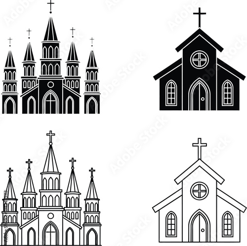 Four different architectural styles of churches and cathedrals
