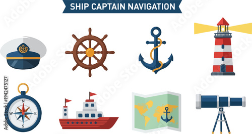 Icons related to ship navigation featuring a captains hat steering wheel anchor lighthouse compass ship map and telescope