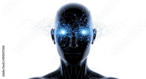 Futuristic structures emerge in black and white vector art with technology icons forming an architectural abstract of a human head.