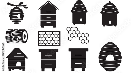 Beehive icons and honeycomb patterns in a black silhouette style for beekeeping and apiary graphic design elements.