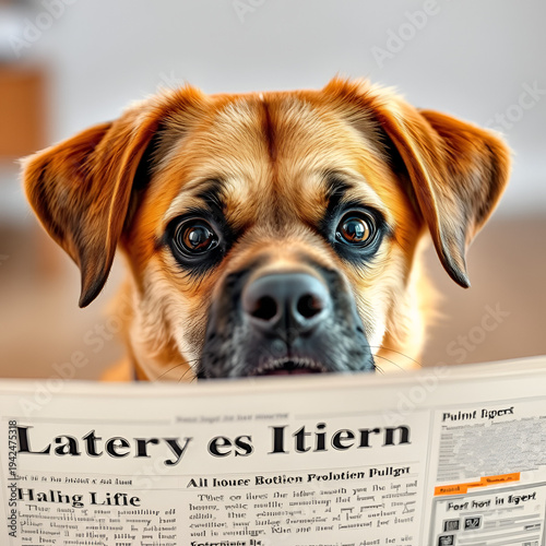 Hund liest Zeitung mit weit aufgerissenen Augen,