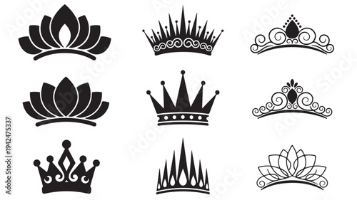 Crown icons with ornate designs and floral motifs, including simple and decorative tiaras with gemstone details, suitable for royalty and elegance