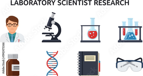 Illustration features a scientist microscope glassware DNA notebook and safety glasses indicative of scientific research