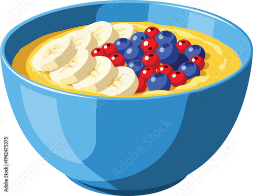 Healthy Breakfast Oatmeal Bowl with Banana Slices, Fresh Blueberries, Raspberries, Creamy Yogurt Base in Blue Bowl Vector Illustration for Nutrition, Fitness, Morning Meal, Diet and Food Blog Designs