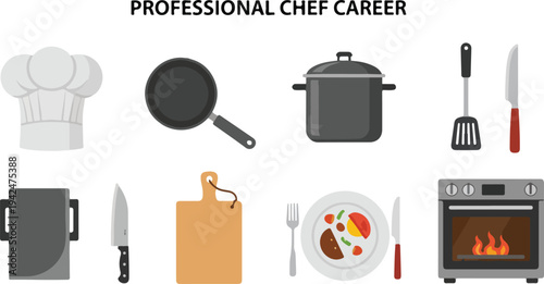 Illustration features chefs hat pan pot spatula knives tray cutting board plate with food fork and oven