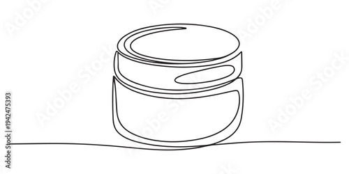 Continuous one line drawing of cosmetic cream. One line drawing illustration of face cream lotion. International beauty day, Skincare concept line art. Continuous Line Drawing of an Open Cosmetic Jar.