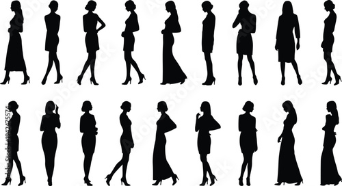 Collection of silhouetted women walking in various fashionable outfits and poses.