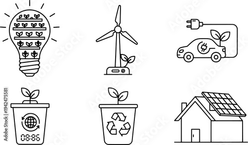 Clean outline renewable energy and smart tech symbols collection, eco-innovation set, "Created with AI assistance and manually refined."