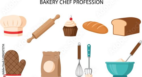 Illustration of bakery items A chef hat rolling pin cupcake loaf bread oven mitt flour bag whisks and bowl