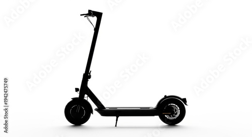 A sleek electric scooter showcases futuristic structures in black and white vector art with technology icons on a plain background, highlighting an architectural abstract design.