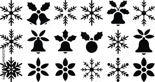 Collection of black Christmas icons on white background.