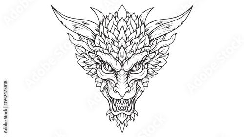 Dragon head stylized illustration with fierce eyes and sharp teeth, detailed linework for artistic designs