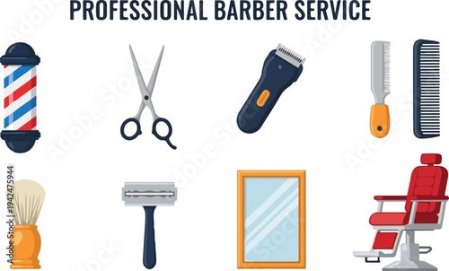 Illustration of barber tools pole scissors clippers combs brush razor mirror chair White background