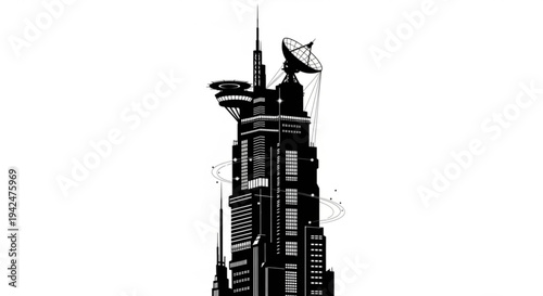 A futuristic structure depicted in black and white vector art with technology icons, showcasing an architectural abstract design of a tall building.