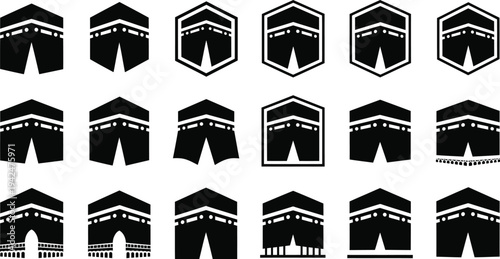Collection of black silhouettes of buildings and structures in various styles.