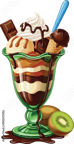 Delicious chocolate ice cream sundae in a glass with whipped cream fudge sauce chocolate bar small cone and kiwi fruit for dessert concept