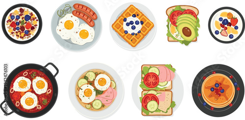 Variety Breakfast Plates Set with Eggs Bacon Waffles Avocado Toast Fruit Bowls and Veggie Sandwiches Vector Illustrations for Brunch Menus, Food Blogs, and Nutrition Graphics