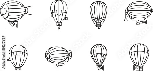 A set of outline hot air balloon and airship icons perfect for aviation-themed web and app design projects