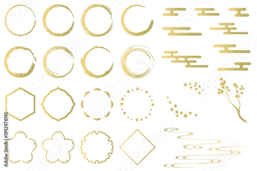 春をイメージした和風の装飾イラストセット　吉祥文様　筆丸　エ霞　桜