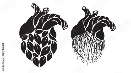 Hearts stylized with leaves and root-like structures in black and white, creating abstract organic forms.