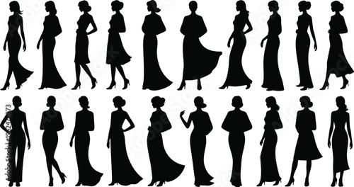 Collection of Silhouettes of Women in Various Dresses and Poses.