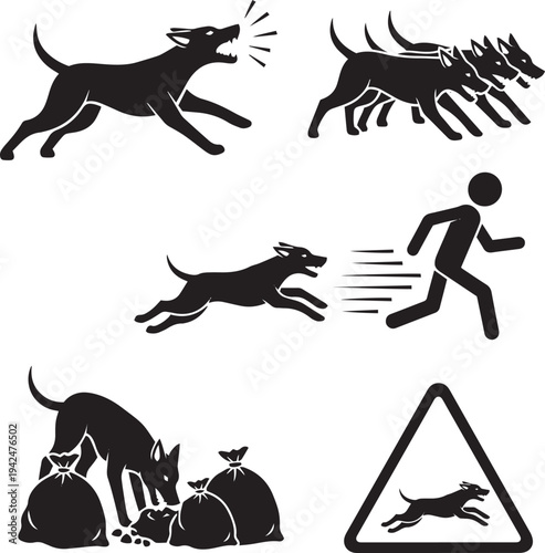 Black silhouette of dogs in various actions and a running person barking chasing