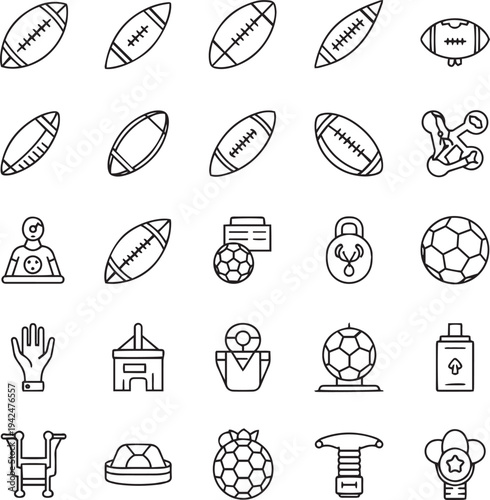 Collection of black line sports and game on white background football soccer ball rugby ball