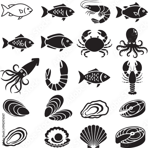 Collection of black and white seafood and fish shrimp crab octopus