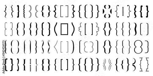 Text brackets collection, black quotation box. Curly, square, and corner parentheses, vintage typographical symbols, calligraphic quote frames