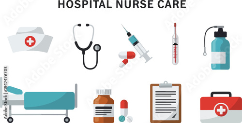 Illustration of hospital care items including a bed a nurse hat stethoscope and medical supplies