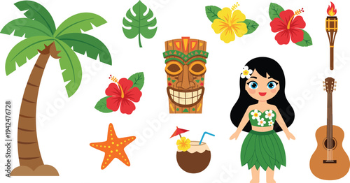 Cute Kawaii Style Tropical Hawaiian Vector Set with Chibi Hula Girl, Tiki Totem, Palm Tree, Coconut Drink, Hibiscus, and Ukulele for Summer Designs