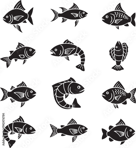 Collection of black silhouette fish with detailed fins and scales black and white