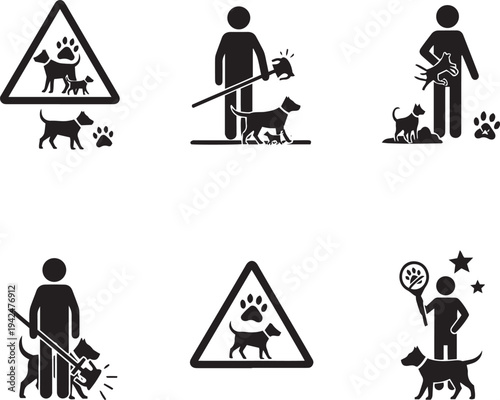 Collection of six black and white pictogram depicting people interacting with dogs animal silhouette