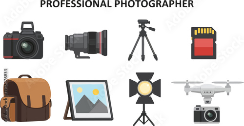 Illustration of photography equipment including a camera lens tripod memory card bag framed print studio light and drone