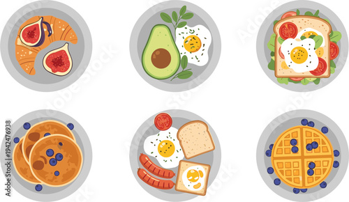 Breakfast Plate Icon Set with Croissant Avocado Toast Eggs Pancakes Waffles Bacon Blueberry Fig Tomato and Healthy Morning Meals for Cafe Menu and Food Designs