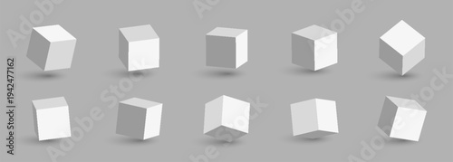 Set of 3D cubes in different perspectives. Geometric cube collection shown from multiple angles. Vector illustration.