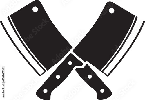 Two black crossed butcher knives with white handles and rivets on a white background butcher knife cleaver 1
