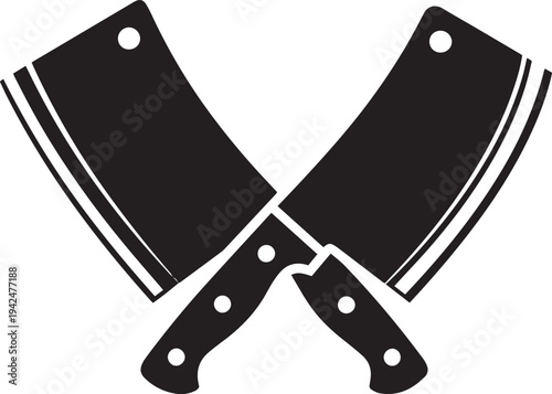 Two black crossed butcher knives with white handles and rivets on a white background butcher knife cleaver
