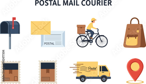Illustration of postal service icons including a mailbox envelope courier on a bike backpack stamps delivery truck and location pin