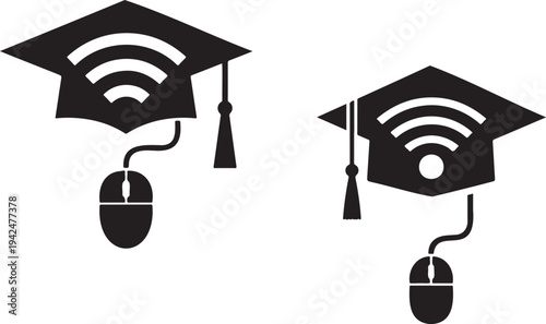 Graduation caps with wireless symbols and computer mice icons