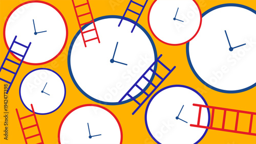 concept of time management with many clocks and ladders on orange background