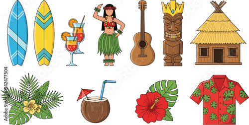 Hawaiian Luau Party Icon Set with Tropical Elements Surfboard Hula Dancer Ukulele Tiki Hut Coconut Cocktail Hibiscus Flower and Aloha Shirt for Summer Designs