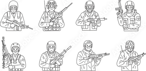Set of line art soldier illustrations featuring military personnel in tactical gear with firearms ideal for game avatars security concepts or defense-related designs