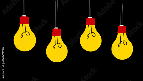 four yellow light bulbs hanging at different heights against a black background