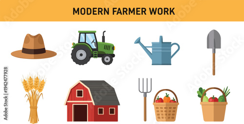 Illustration with farming elements hat tractor watering can shovel wheat barn pitchfork two baskets